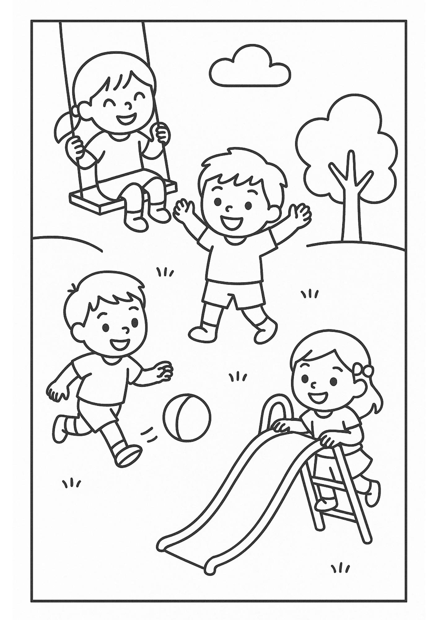 Parkta Oynayan Çocuklar Boyama Sayfası – Ücretsiz PDF İndir, Eğlenceli Açık Hava Etkinliği