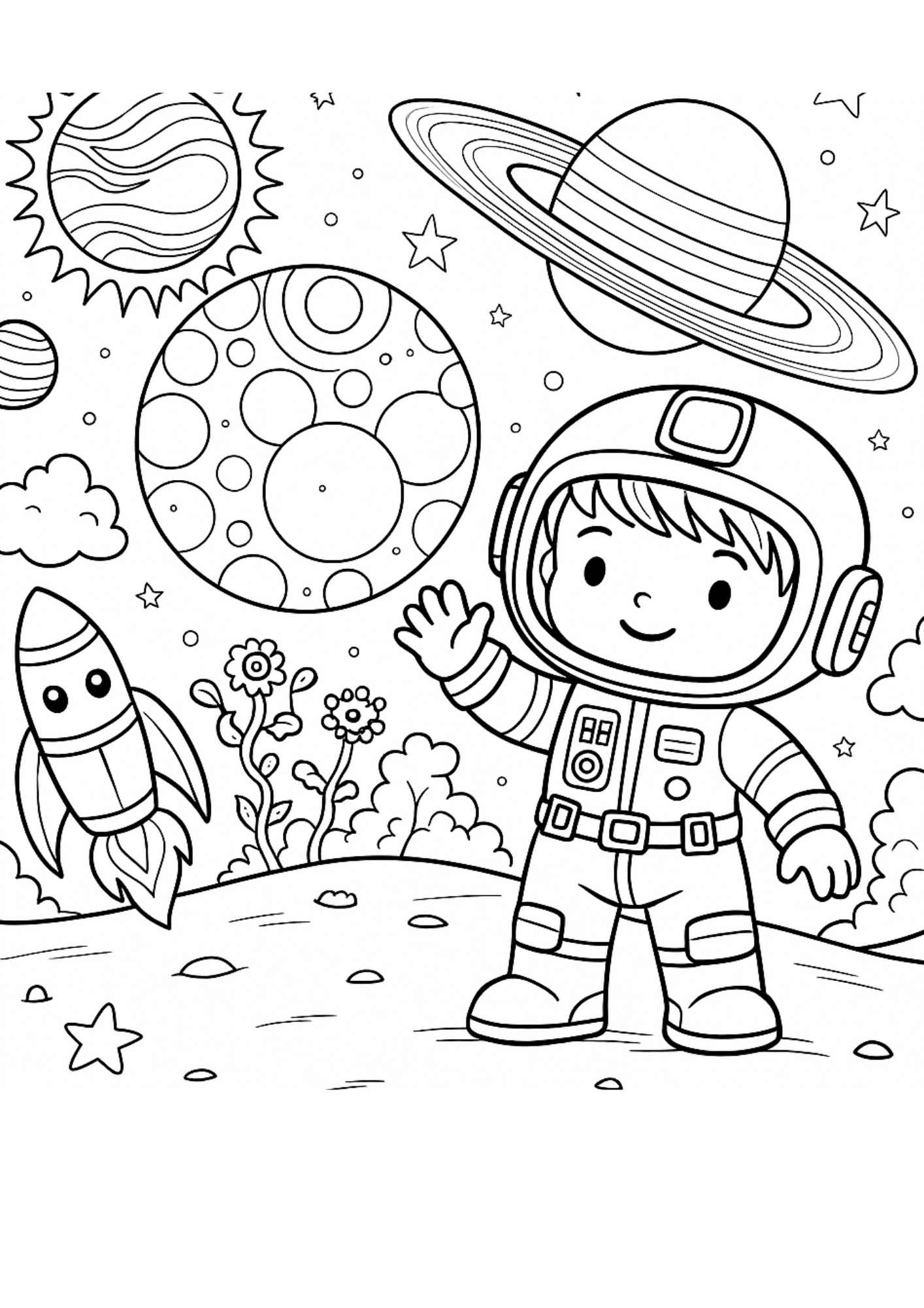 Uzaydaki Çocuk Boyama Sayfası – Ücretsiz PDF İndir, Minik Astronotla Renkli Bir Yolculuk!